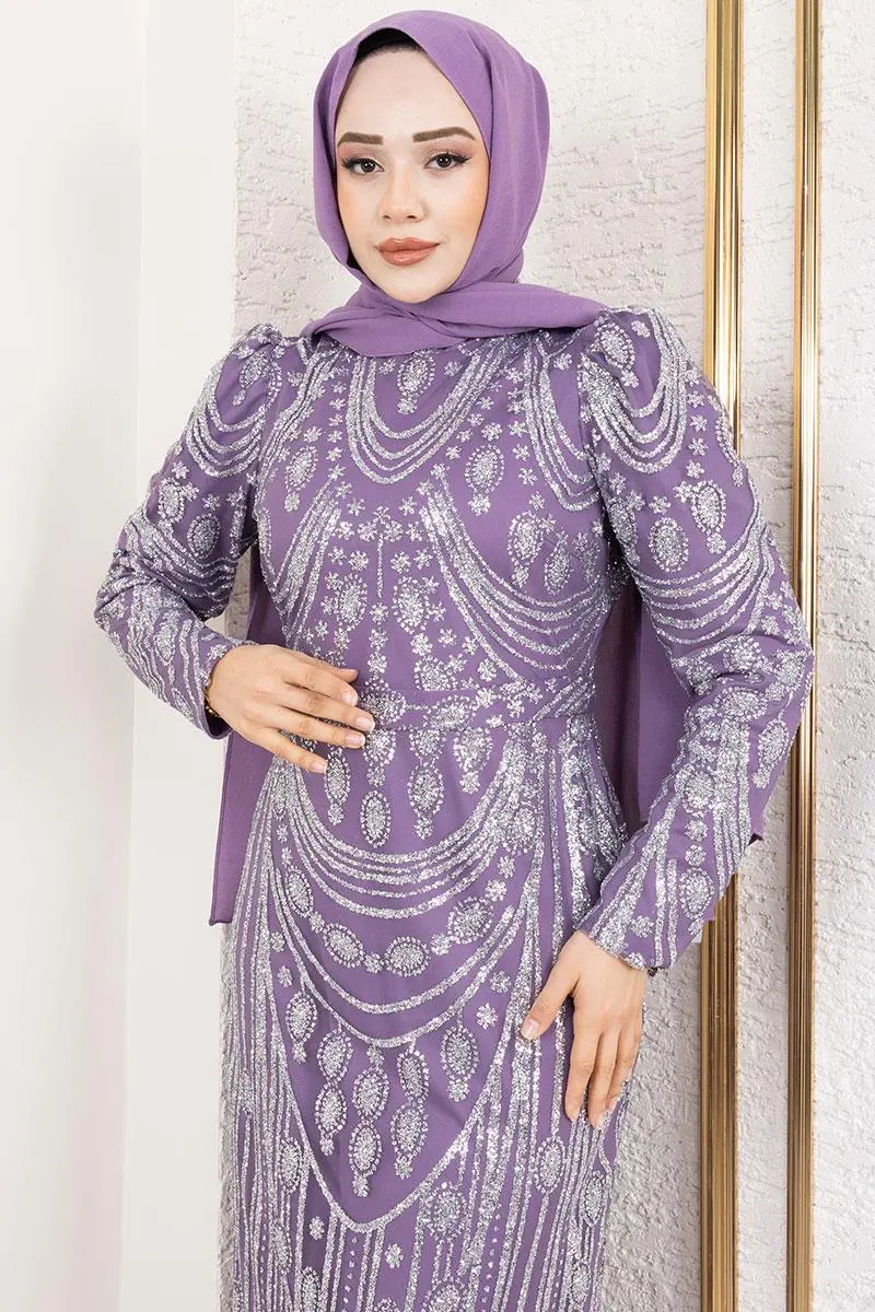 Simli Işlemeli Kalem Elbise Lila-detail