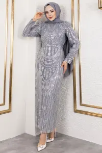 Simli Işlemeli Kalem Elbise Gri