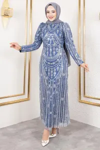 Simli Işlemeli Kalem Elbise Indigo