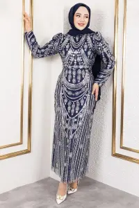 Simli Işlemeli Kalem Elbise Lacivert