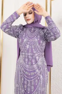 Simli Işlemeli Kalem Elbise Lila