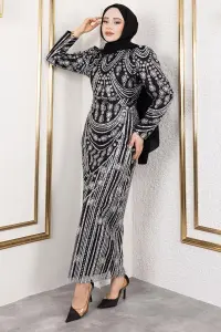 Simli Işlemeli Kalem Elbise Siyah