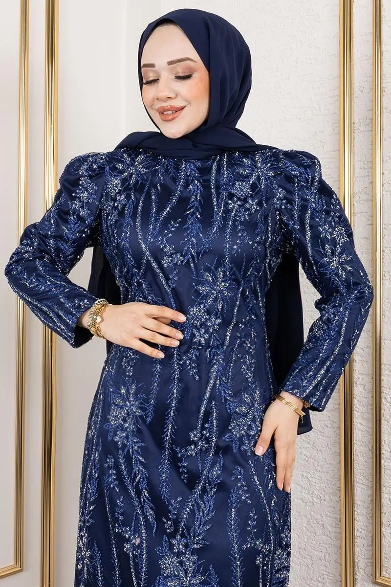 Simli Kalem Elbise Lacivert-detail