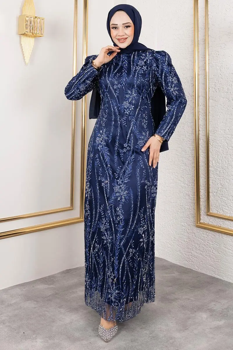 Simli Kalem Elbise Lacivert-detail