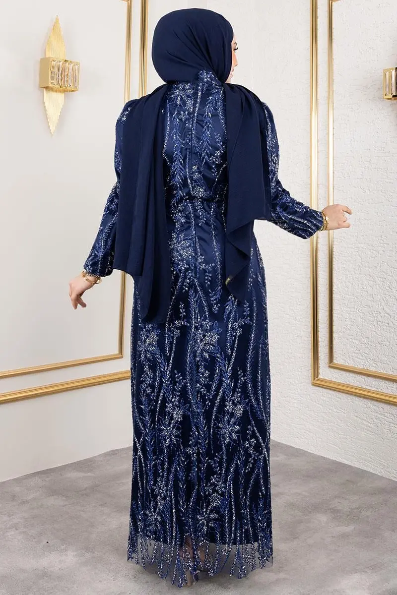 Simli Kalem Elbise Lacivert-detail