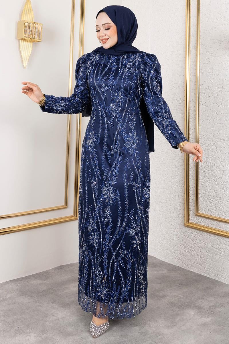 Simli Kalem Elbise Lacivert