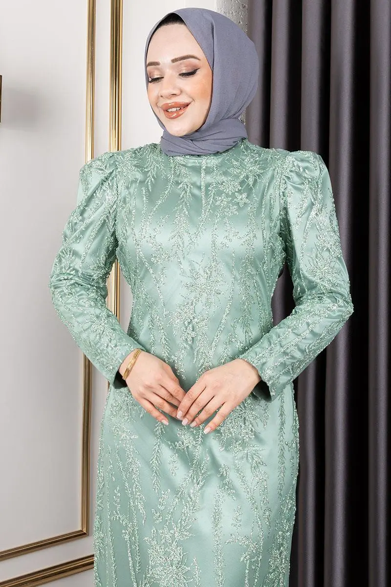 Simli Kalem Elbise Su Yeşili-detail