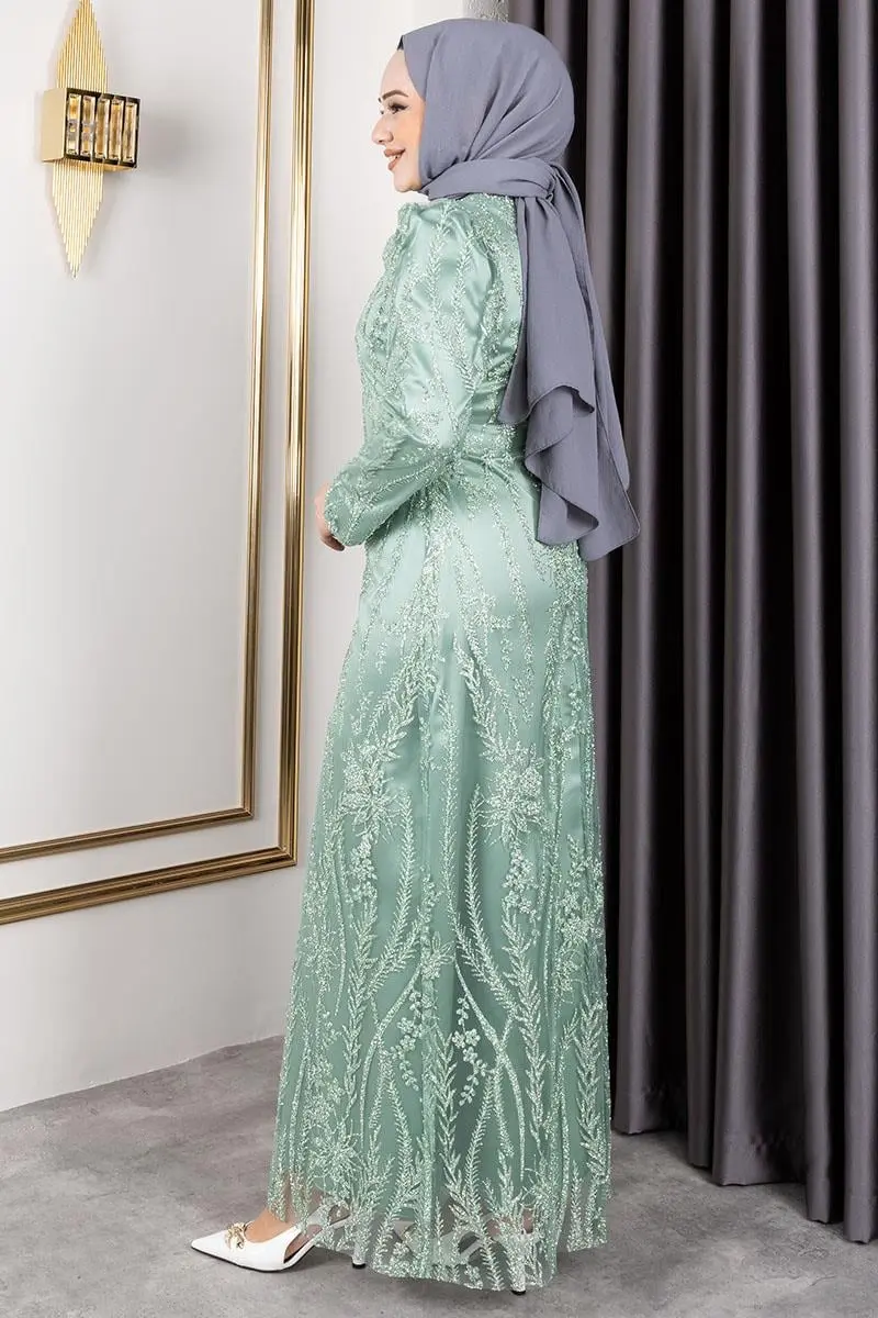 Simli Kalem Elbise Su Yeşili-detail