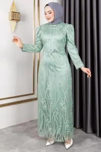 Simli Kalem Elbise Su Yeşili