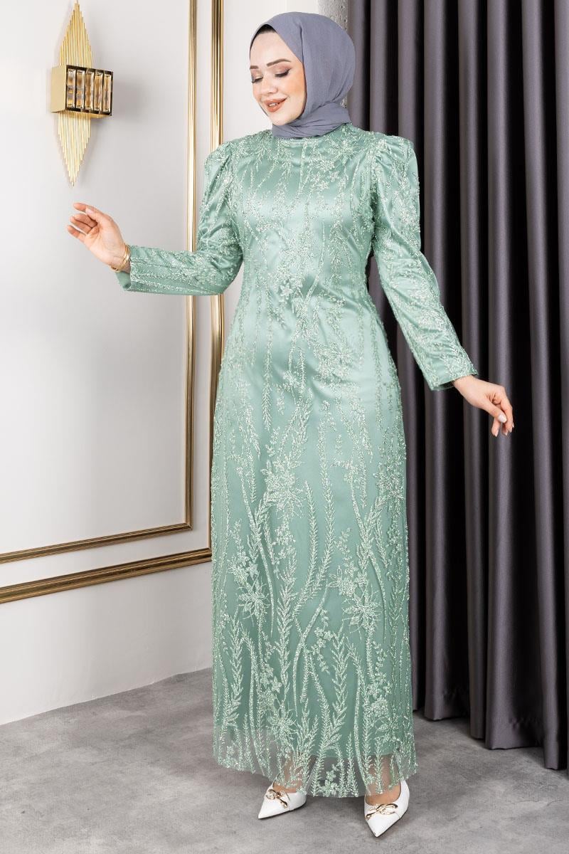 Simli Kalem Elbise Su Yeşili