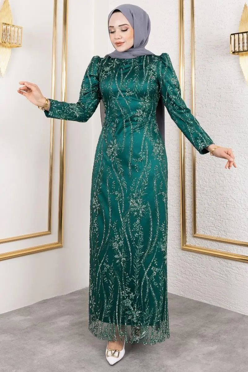 Simli Kalem Elbise Zümrüt Yeşili-detail