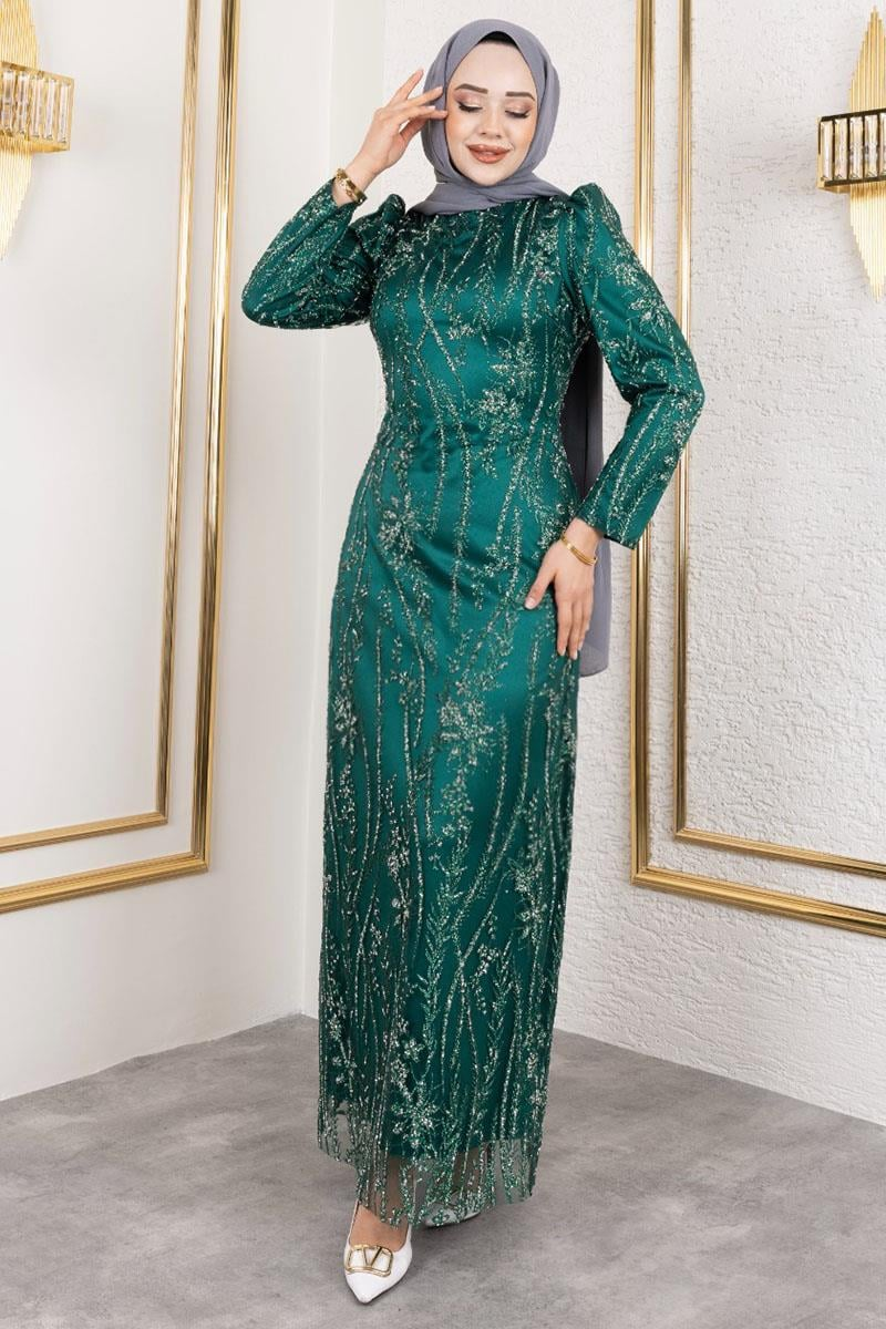 Simli Kalem Elbise Zümrüt Yeşili