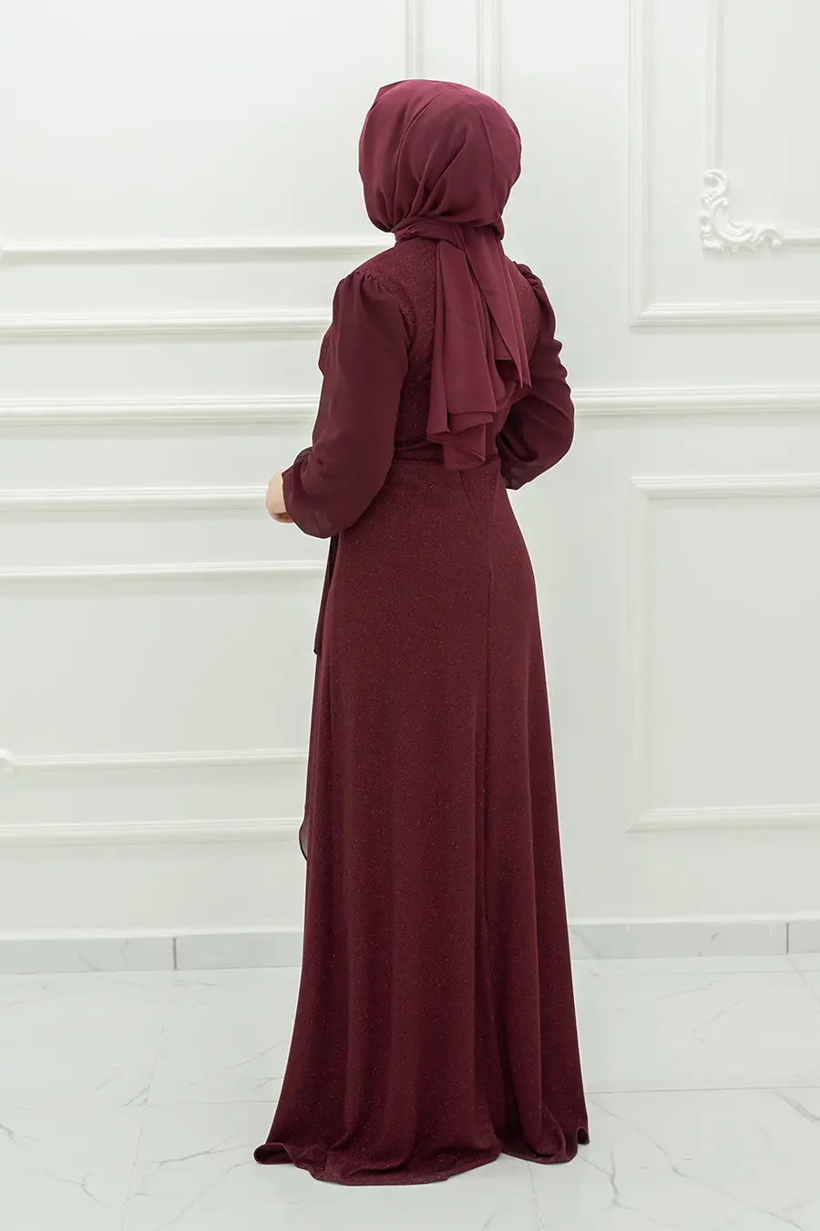 Simli Kumaş Taşlı Özel Gün Abiye Bordo-detail