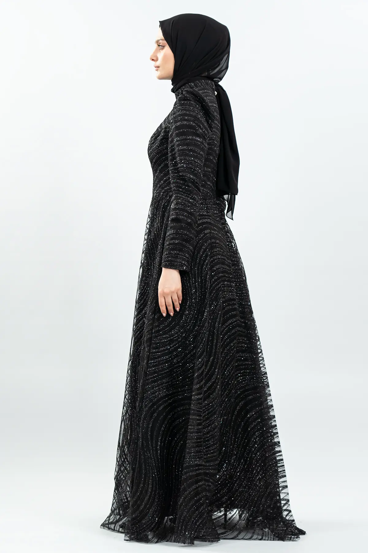 Simli Tesettür Abiye Siyah-detail