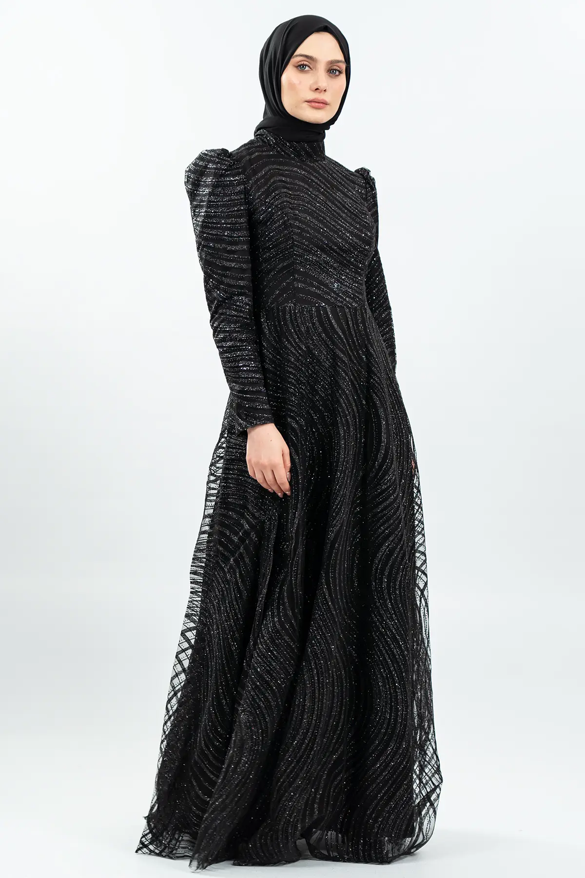 Simli Tesettür Abiye Siyah-detail