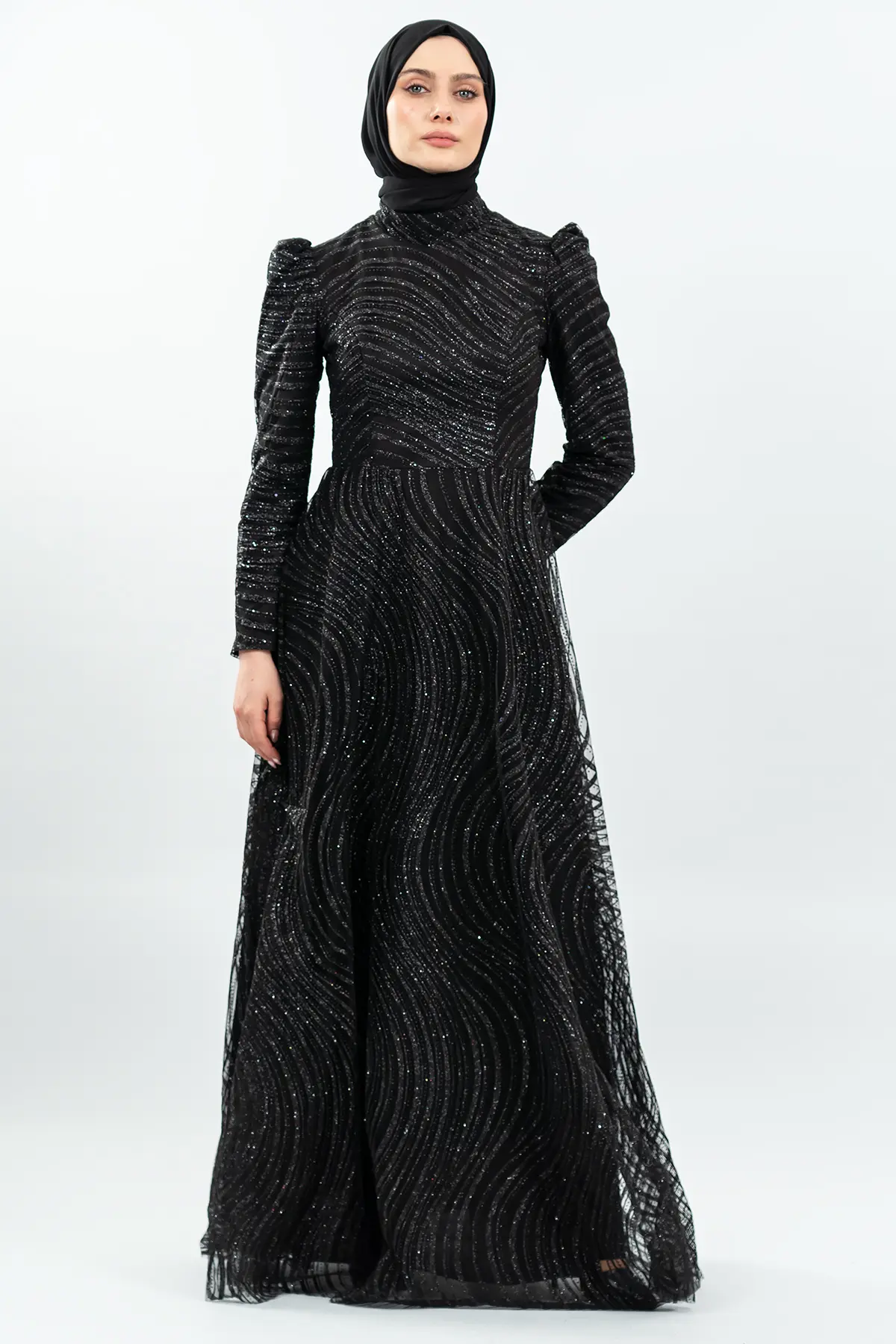 Simli Tesettür Abiye Siyah-detail