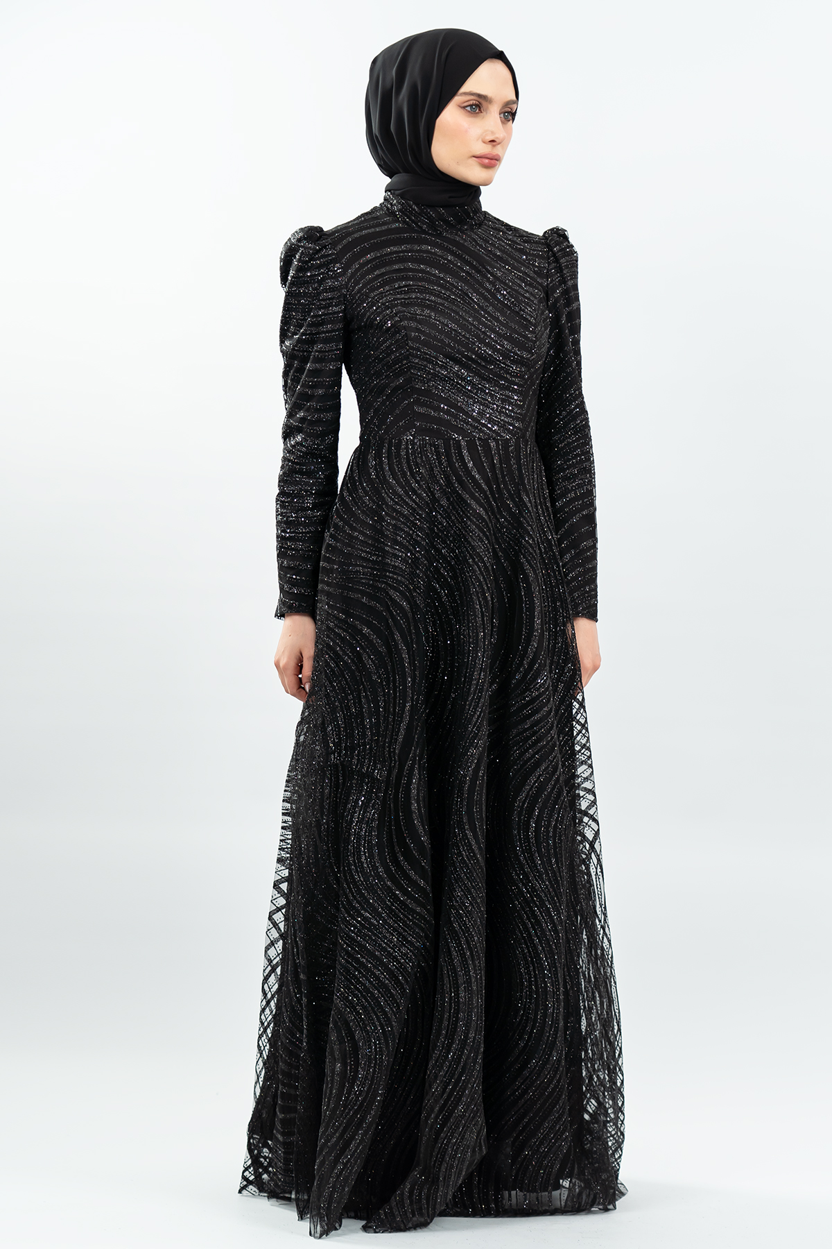 Simli Tesettür Abiye Siyah