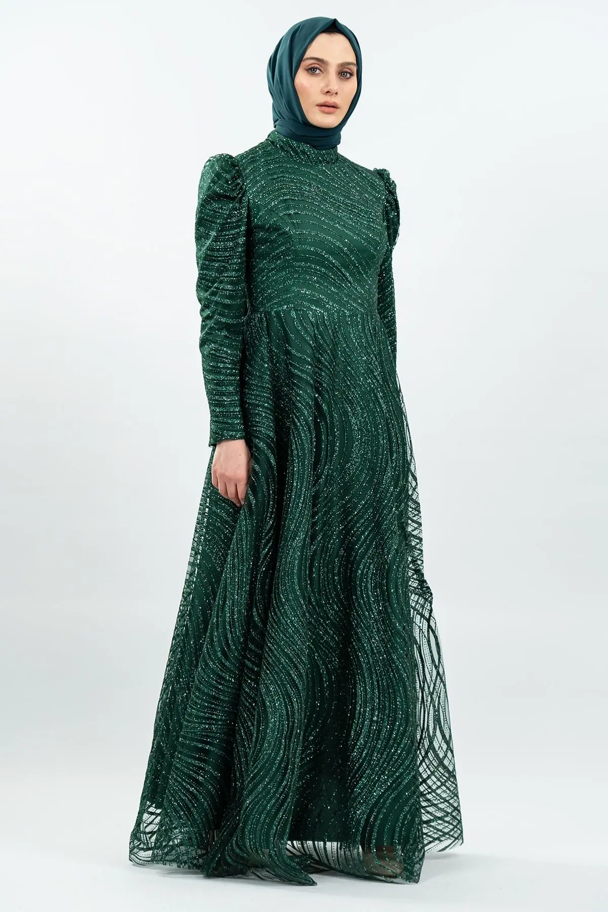 Simli Tesettür Abiye Yeşil-detail