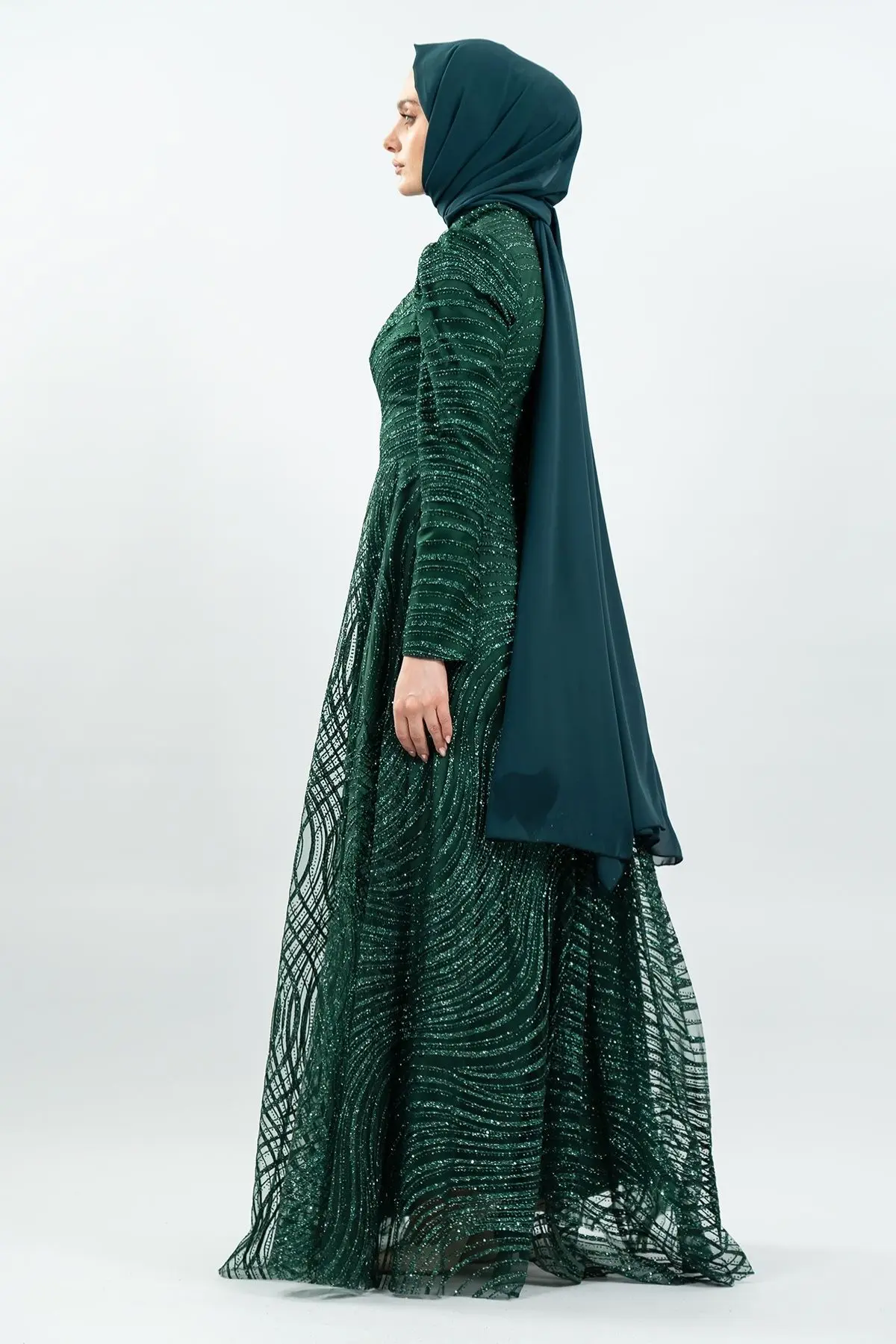 Simli Tesettür Abiye Yeşil-detail