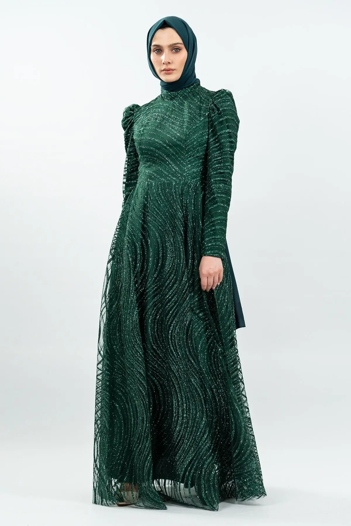 Simli Tesettür Abiye Yeşil-detail
