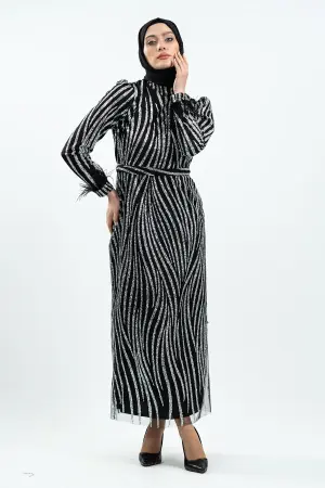 Siyah Simli Tüy Detaylı Abiye Elbise