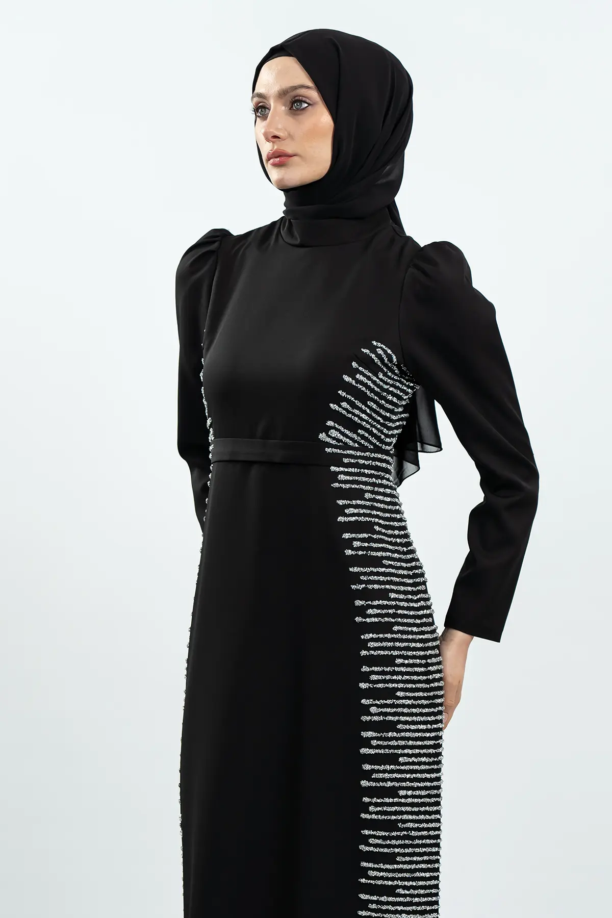 Black Stone Detailed Evening Dress-detail