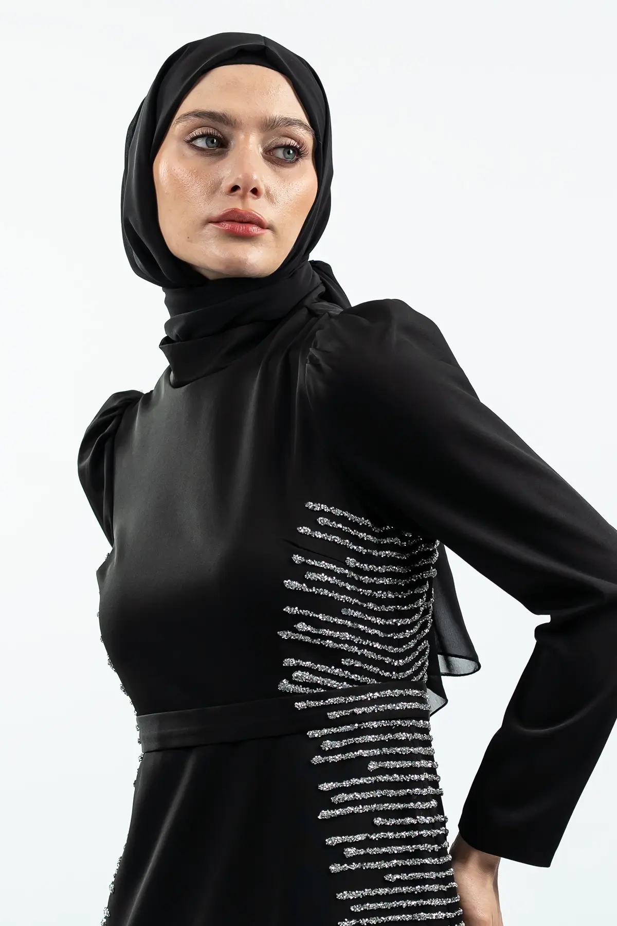 Black Stone Detailed Evening Dress-detail