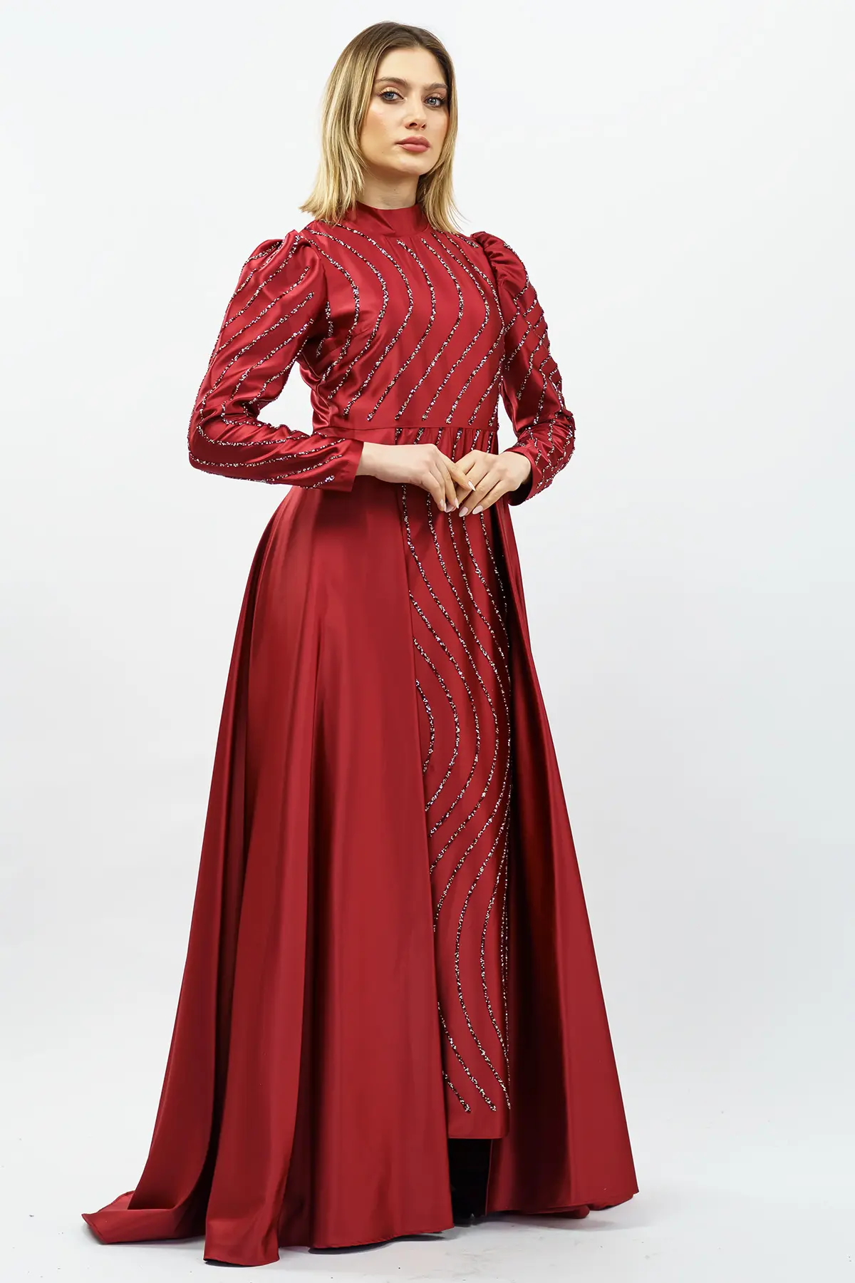 Stone Detailed Satin Evening Dress Claret Red-detail