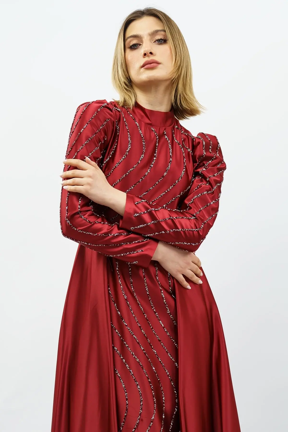 Stone Detailed Satin Evening Dress Claret Red-detail