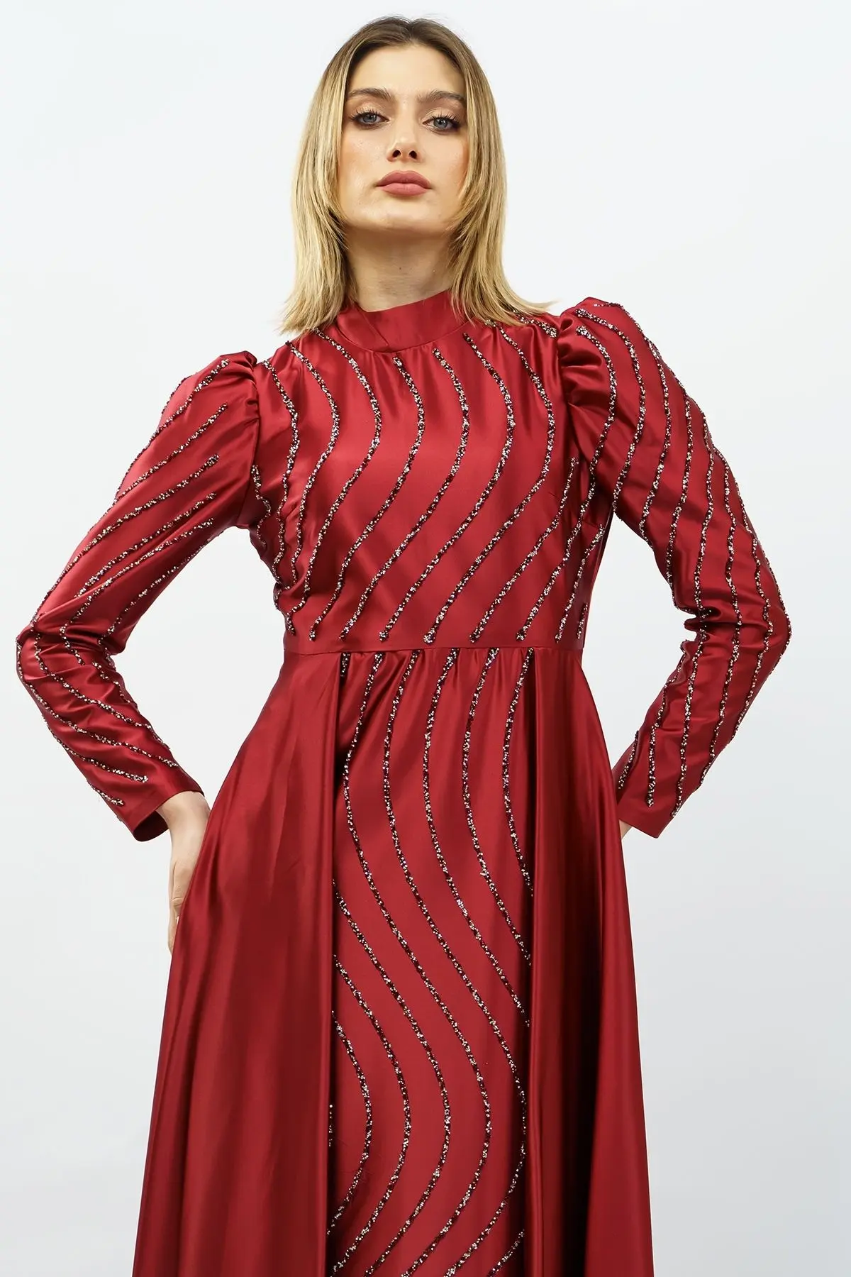 Stone Detailed Satin Evening Dress Claret Red-detail