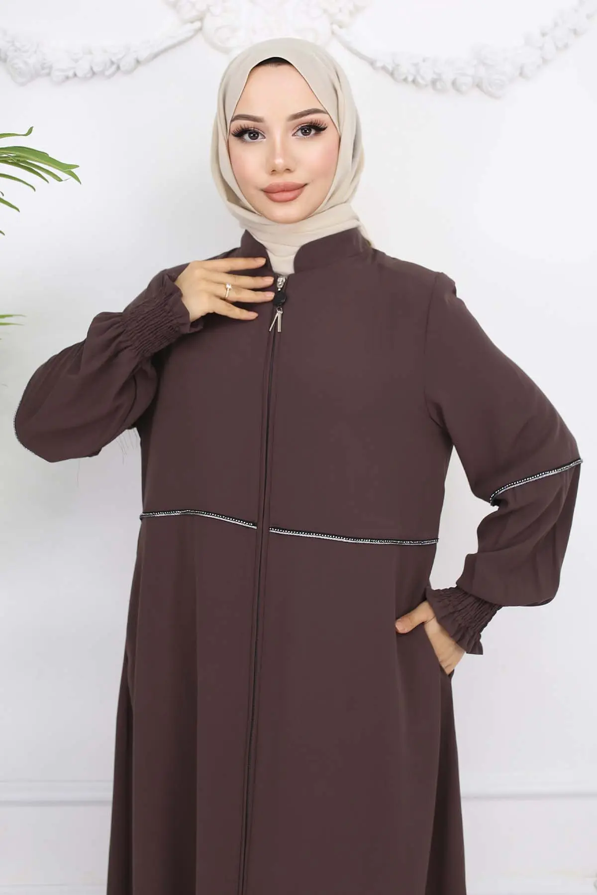 Taş Detaylı Ferace Sütlü Kahve 1006-detail