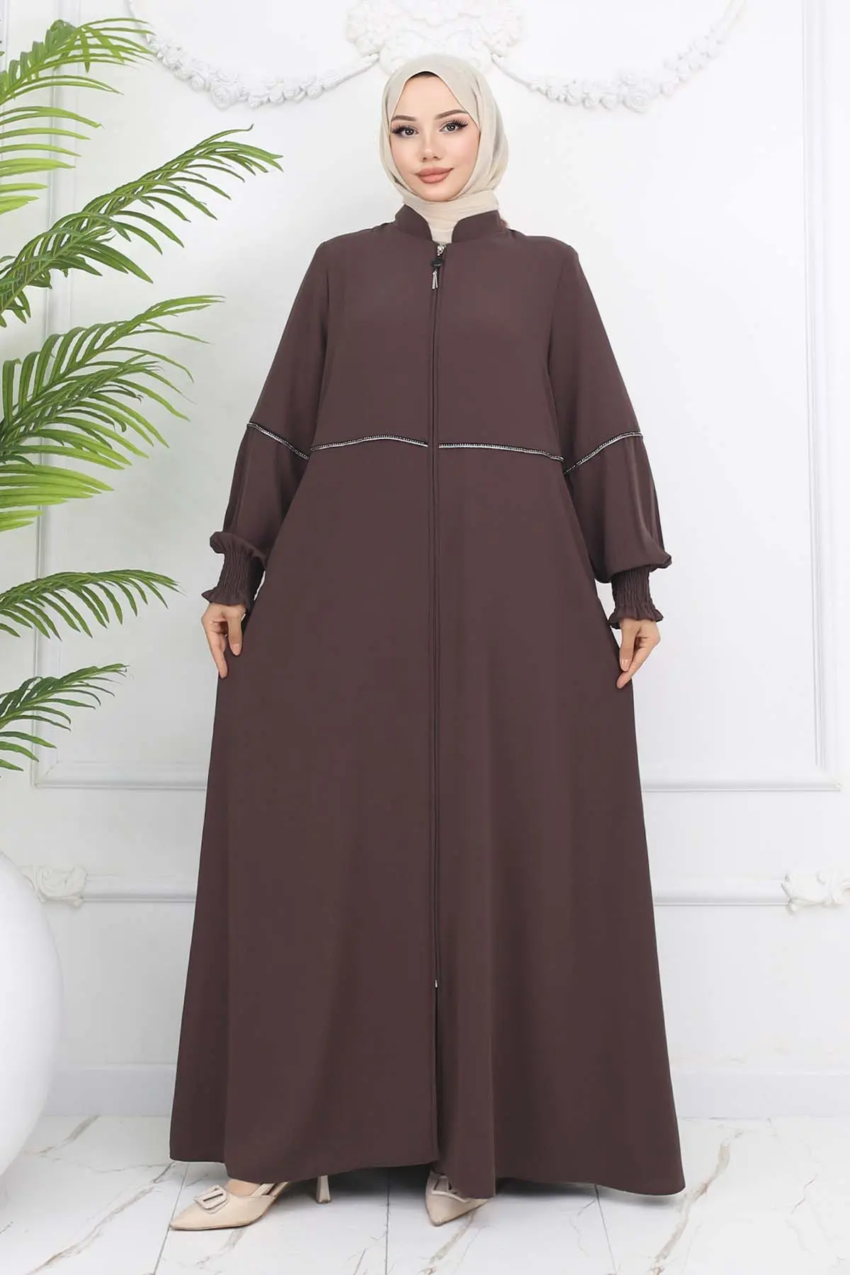 Taş Detaylı Ferace Sütlü Kahve 1006-detail