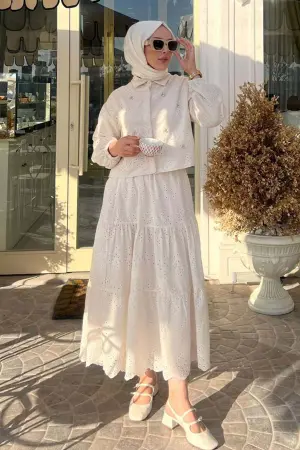 Taş Detaylı Fisto Etekli Takım Krem 1427