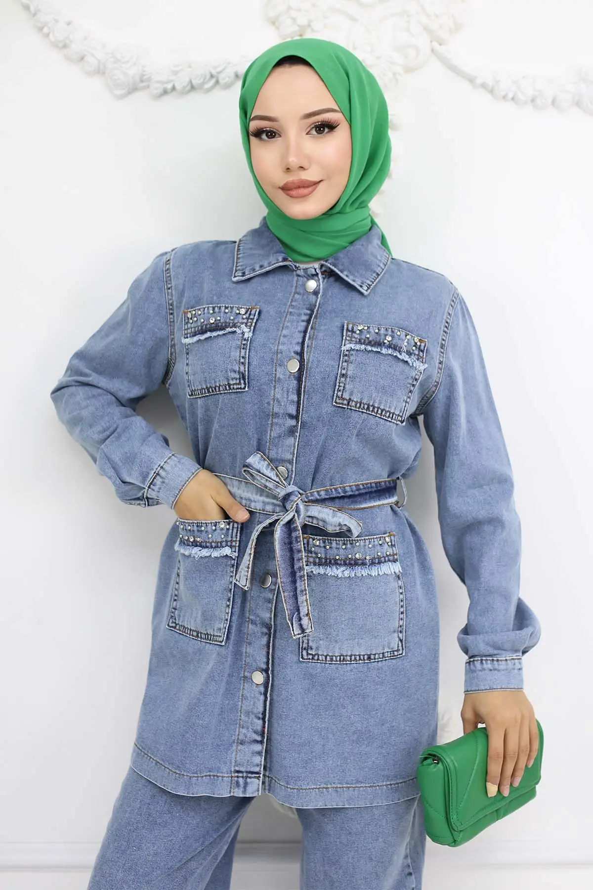 Taş Detaylı Kuşaklı Kot Takım Mavi 2103-detail