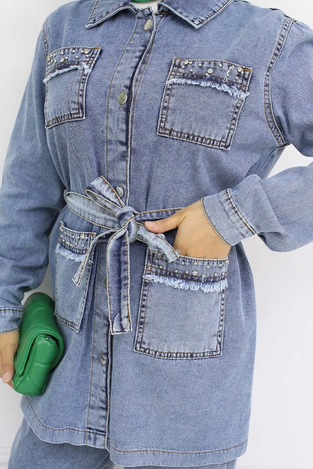 Taş Detaylı Kuşaklı Kot Takım Mavi 2103-detail