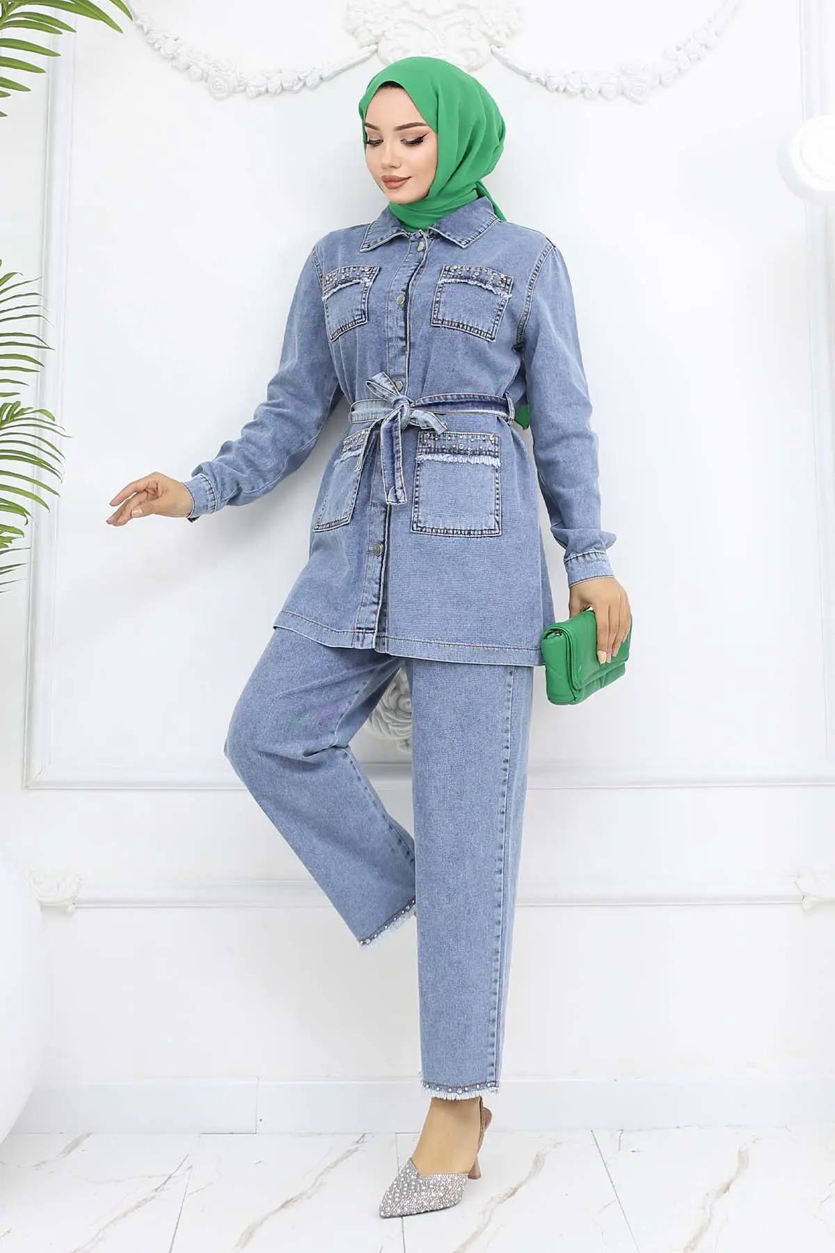 Taş Detaylı Kuşaklı Kot Takım Mavi 2103-detail