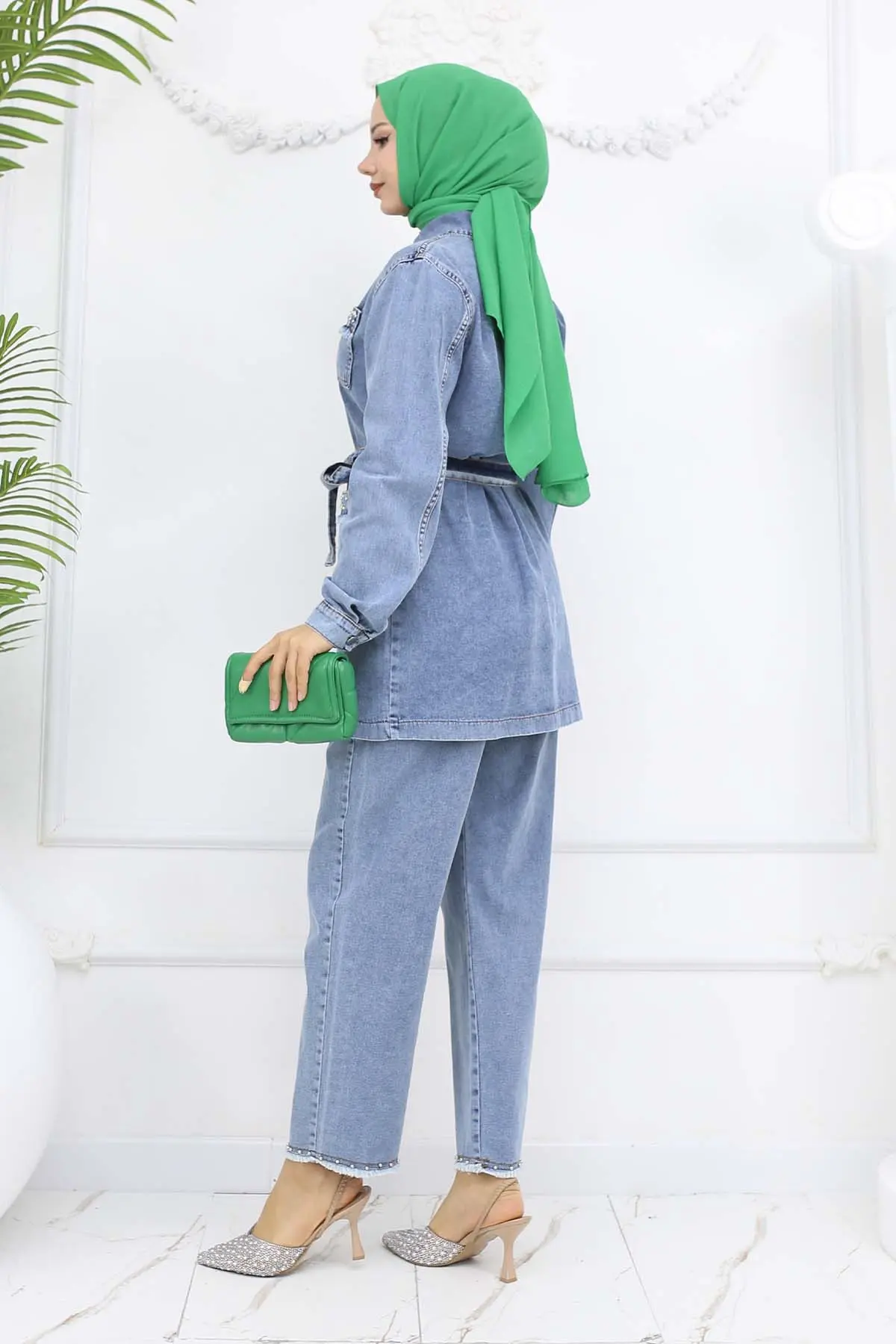 Taş Detaylı Kuşaklı Kot Takım Mavi 2103-detail