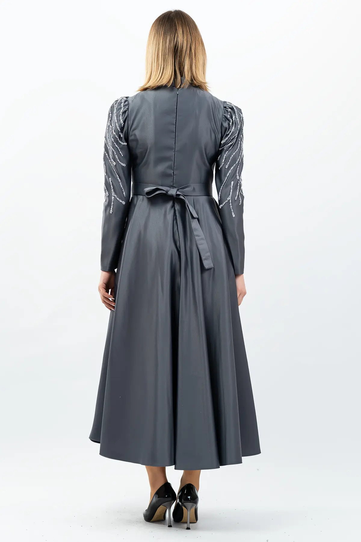 Taş Detaylı Prenses Model Abiye Gri-detail