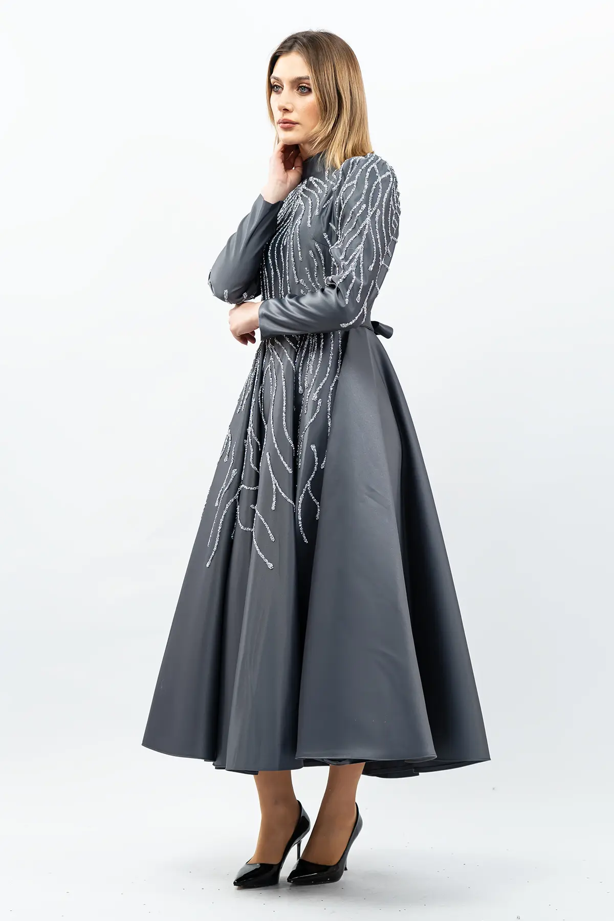 Taş Detaylı Prenses Model Abiye Gri-detail