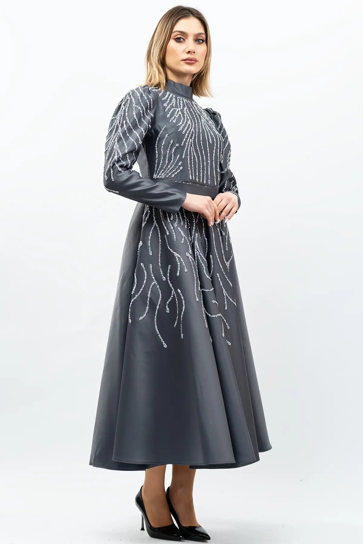 Taş Detaylı Prenses Model Abiye Gri-detail
