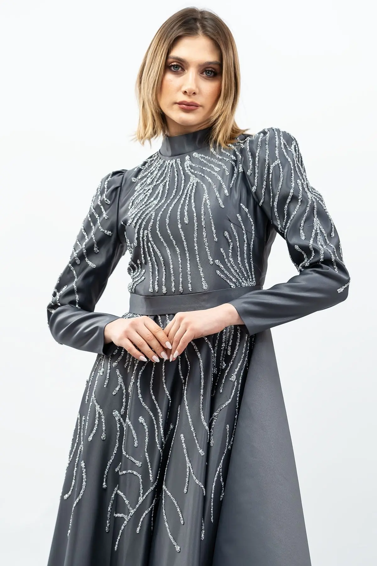Taş Detaylı Prenses Model Abiye Gri-detail