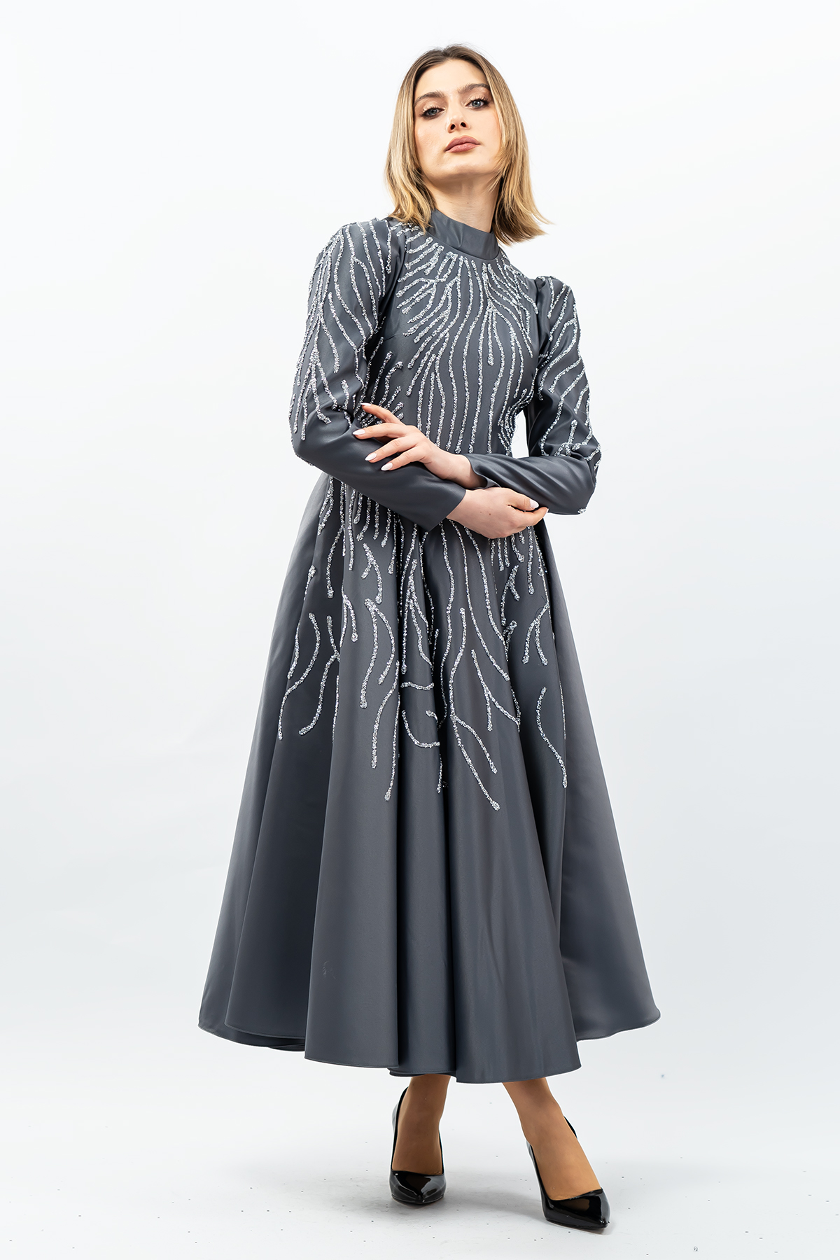 Taş Detaylı Prenses Model Abiye Gri