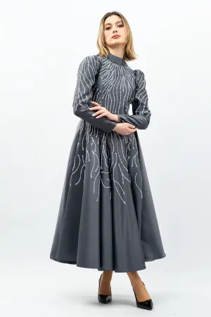 Taş Detaylı Prenses Model Abiye Gri