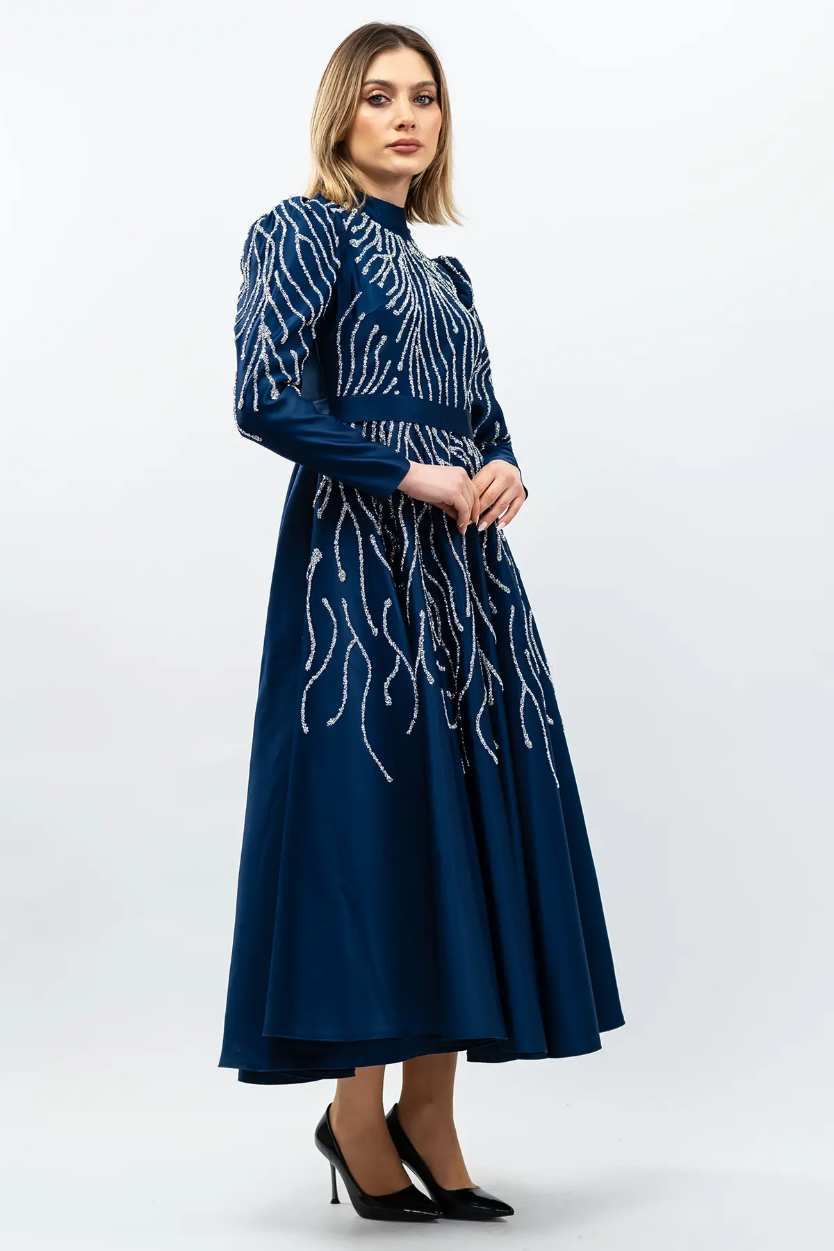 Taş Detaylı Prenses Model Abiye Lacivert-detail