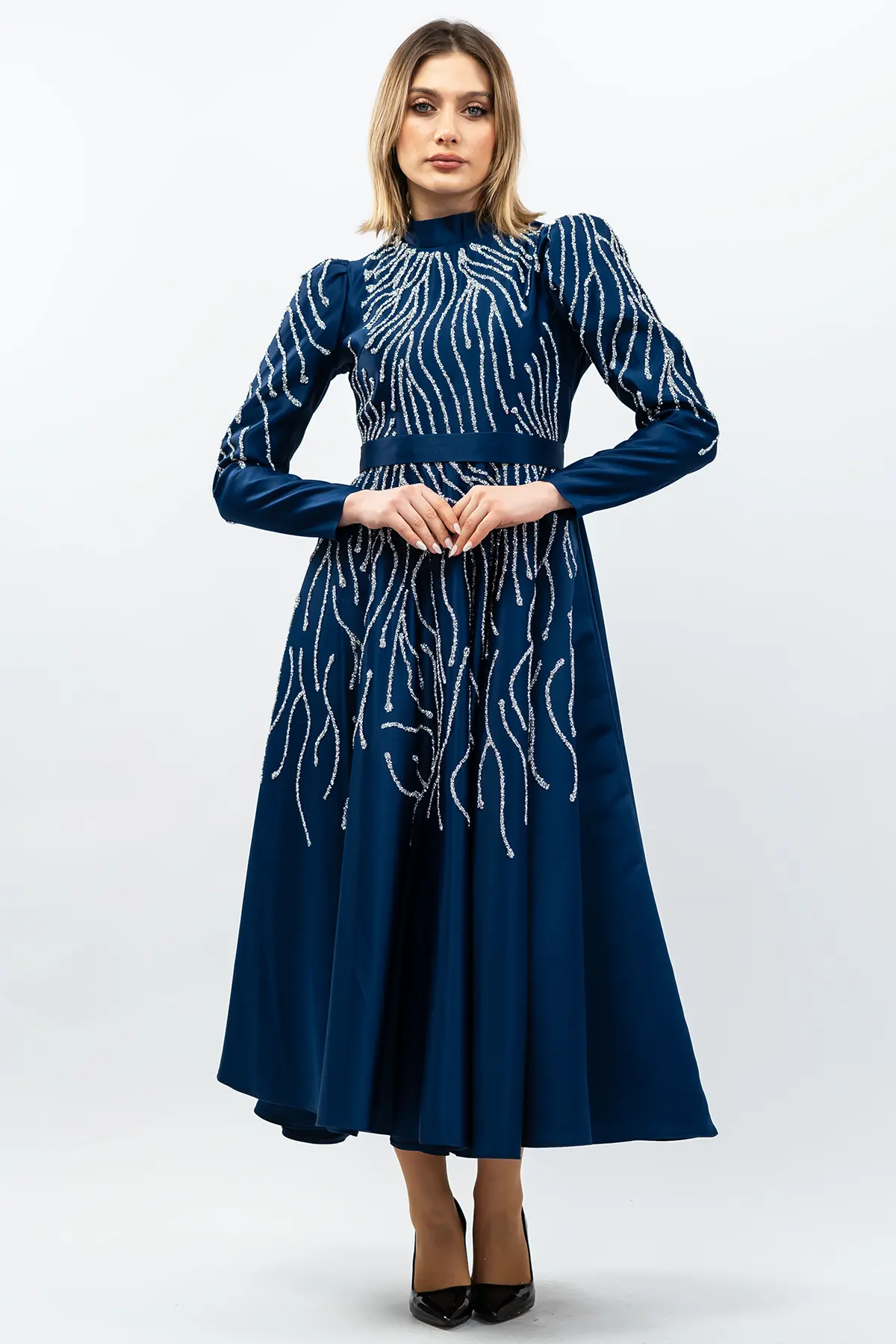 Taş Detaylı Prenses Model Abiye Lacivert-detail