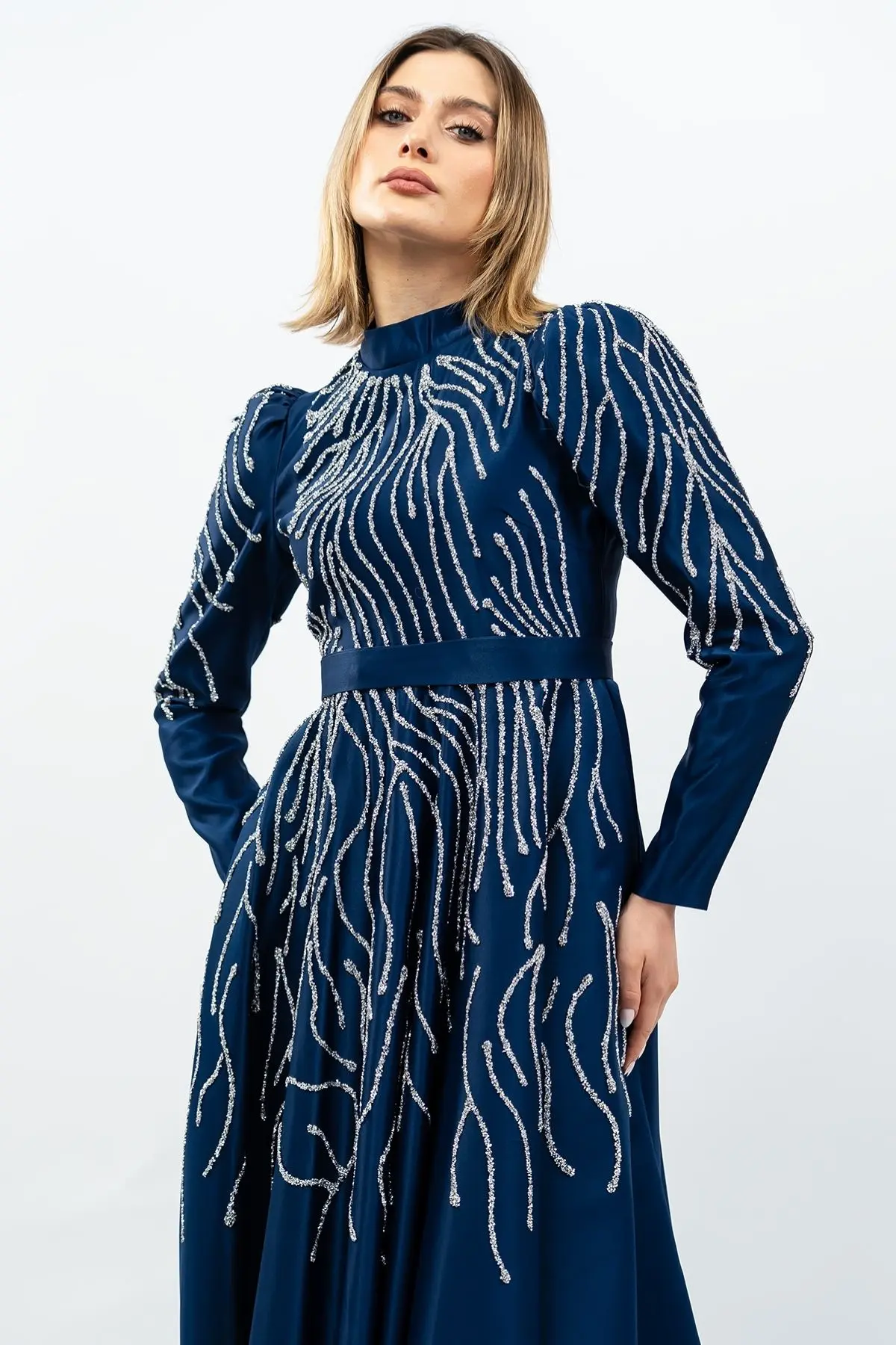 Taş Detaylı Prenses Model Abiye Lacivert-detail