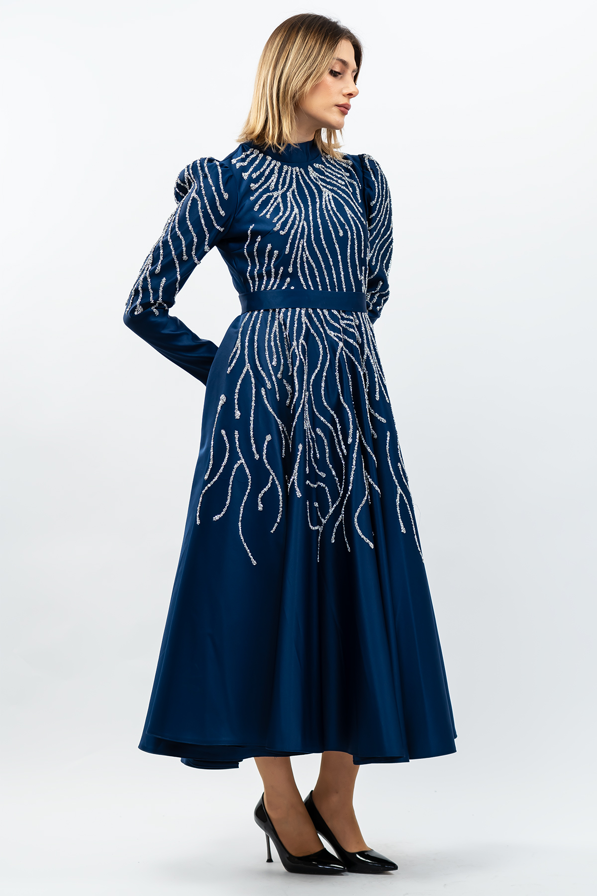 Princess Model Evening Dress Navy Blue With Stone Detail