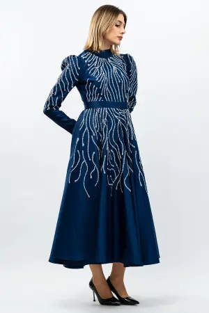 Princess Model Evening Dress Navy Blue With Stone Detail