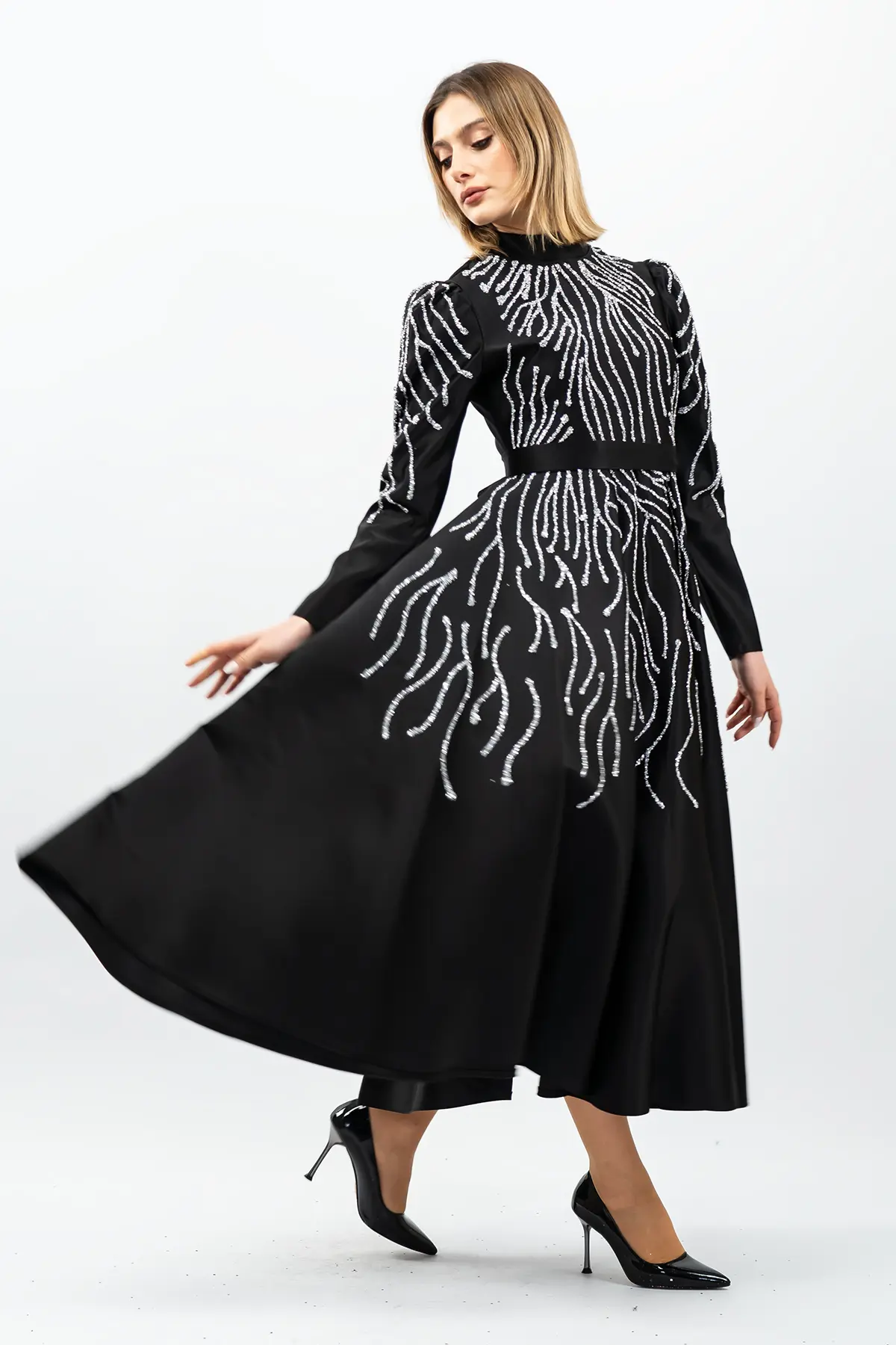 Taş Detaylı Prenses Model Abiye Siyah-detail