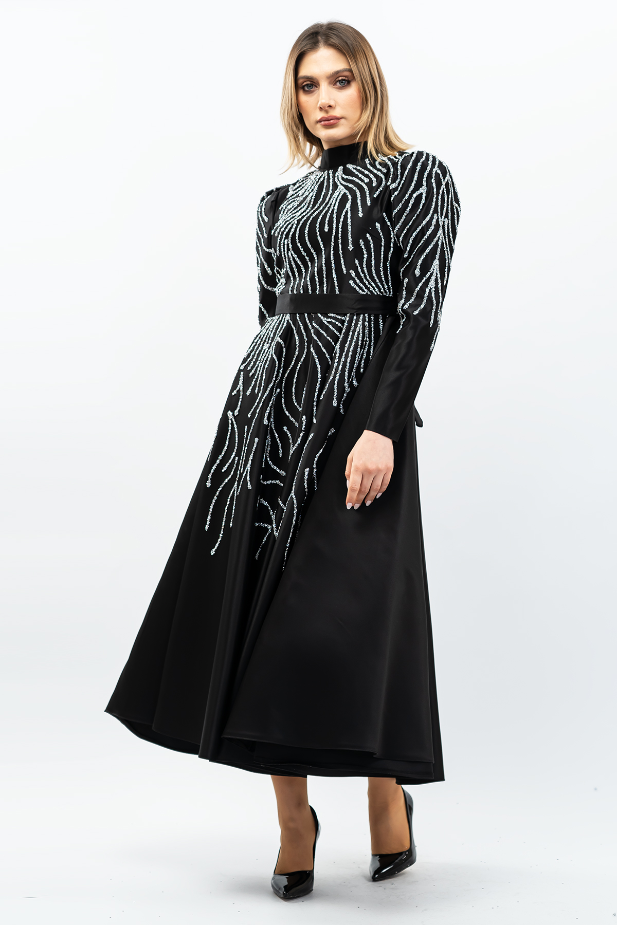 Taş Detaylı Prenses Model Abiye Siyah